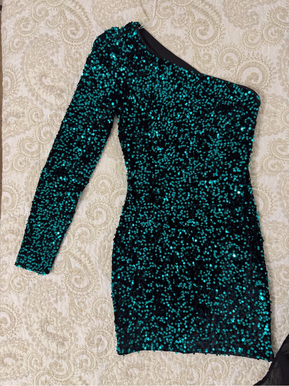 Lulu's Teal Sequin One-Shoulder Long-Sleeve Mini Dress